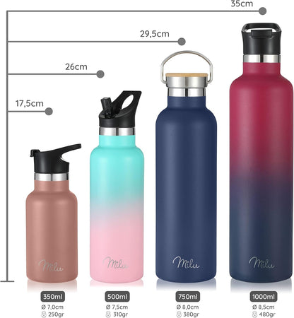 Milu Edelstahl Trinkflasche 350Ml 500Ml 750Ml 1000Ml (+3 Deckel) - Thermosflasche Mit Strohhalm, Isolierte Wasserflasche, Auslaufsichere Isolierflasche Doppelwandig (Himmelblau, 750Ml)