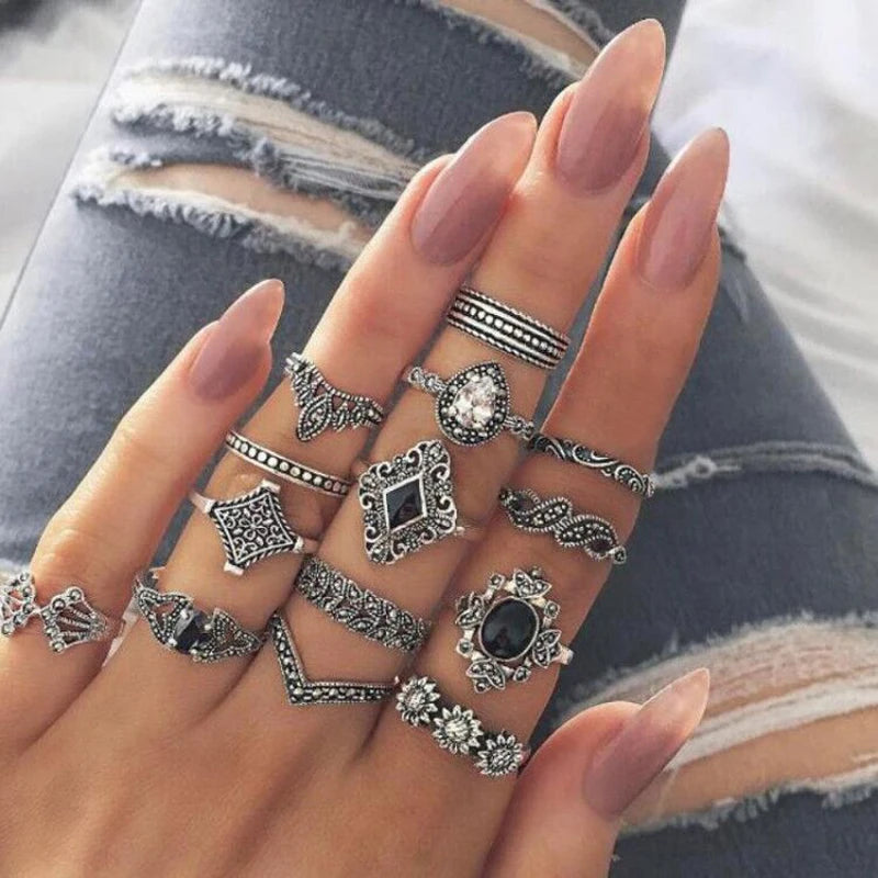 Bohemia Antique Gold Color Elephant Flower Rose Heart Crown Carved Rings Set Vintage Animal Joint Ring Women'S Jewelry