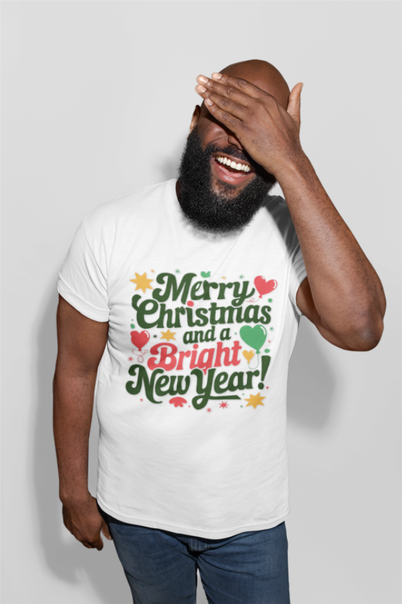 Bright New Year T-Shirt | Christmas Holiday Design | Festive Hearts & Stars | Season's Greetings Tee | Unisex Heavy Cotton Tee