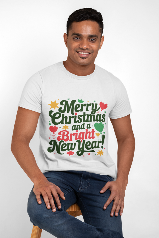 Bright New Year T-Shirt | Christmas Holiday Design | Festive Hearts & Stars | Season's Greetings Tee | Unisex Heavy Cotton Tee