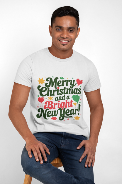 Bright New Year T-Shirt | Christmas Holiday Design | Festive Hearts & Stars | Season's Greetings Tee | Unisex Heavy Cotton Tee
