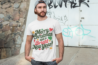 Bright New Year T-Shirt | Christmas Holiday Design | Festive Hearts & Stars | Season's Greetings Tee | Unisex Heavy Cotton Tee