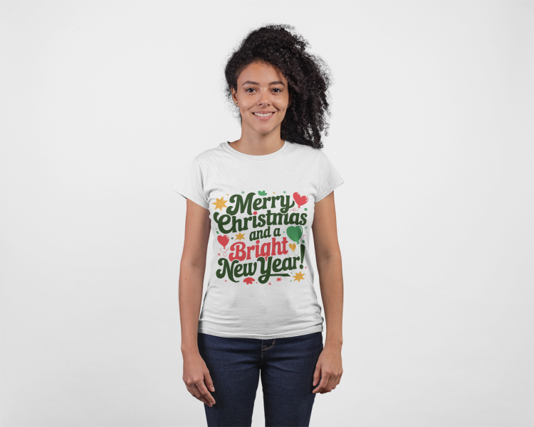 Bright New Year T-Shirt | Christmas Holiday Design | Festive Hearts & Stars | Season's Greetings Tee | Unisex Heavy Cotton Tee