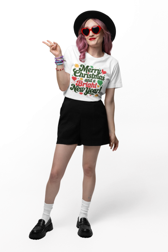 Bright New Year T-Shirt | Christmas Holiday Design | Festive Hearts & Stars | Season's Greetings Tee | Unisex Heavy Cotton Tee