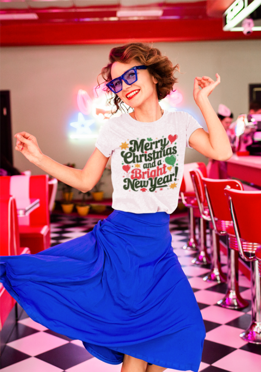 Bright New Year T-Shirt | Christmas Holiday Design | Festive Hearts & Stars | Season's Greetings Tee | Unisex Heavy Cotton Tee