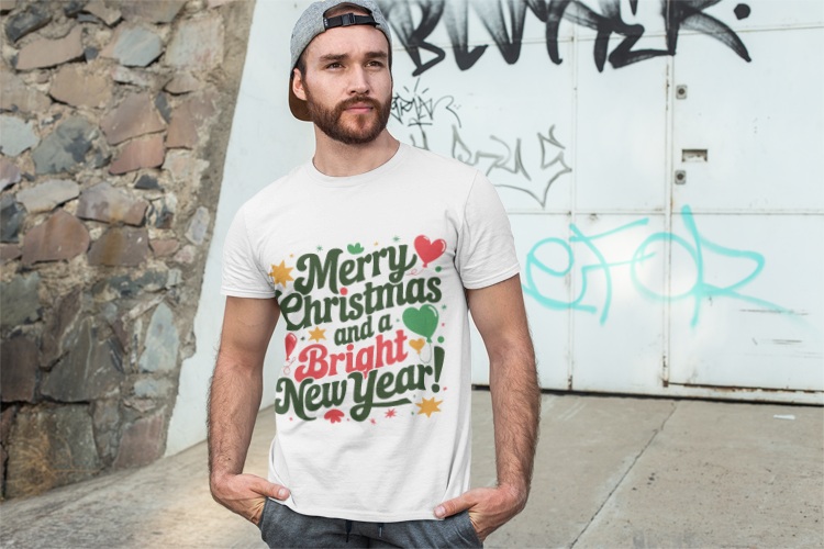 Bright New Year T-Shirt | Christmas Holiday Design | Festive Hearts & Stars | Season's Greetings Tee | Unisex Heavy Cotton Tee