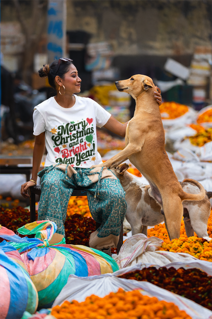 Bright New Year T-Shirt | Christmas Holiday Design | Festive Hearts & Stars | Season's Greetings Tee | Unisex Heavy Cotton Tee