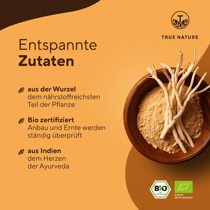 Bio Ashwagandha - 360 Kapseln (BIG PACK) - Hochdosierte 2600Mg Pro Tag (90 Tage) - 650Mg Pro Kapsel - Indische Bio Schlafbeere - Vegan, Deutsche Produktion - TRUE NATURE