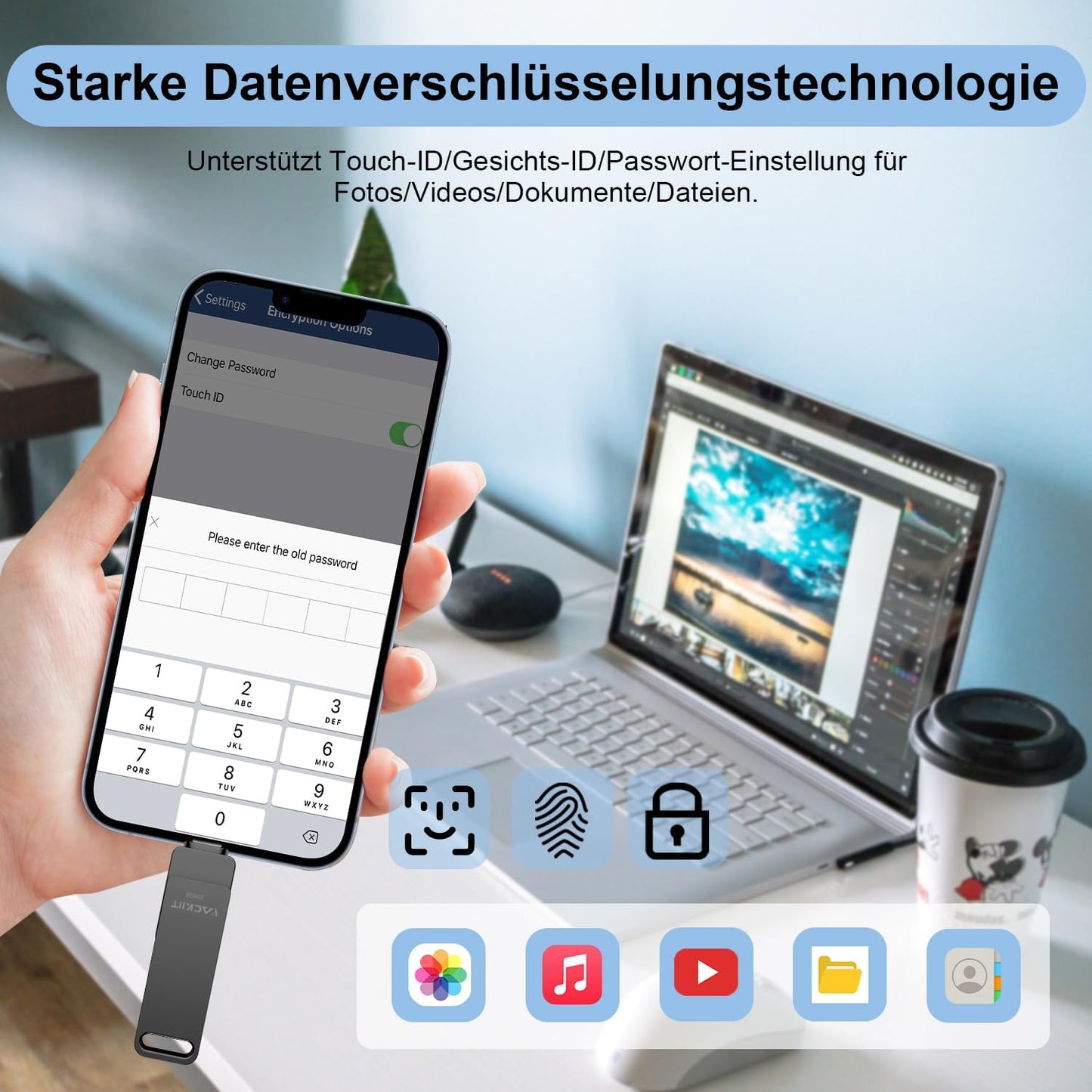Vackiit 256GB USB Stick für iPhone – Apple-zertifiziert, Lightning & USB C, Ideal zur Speichererweiterung für iPad, iOS, Android & PC