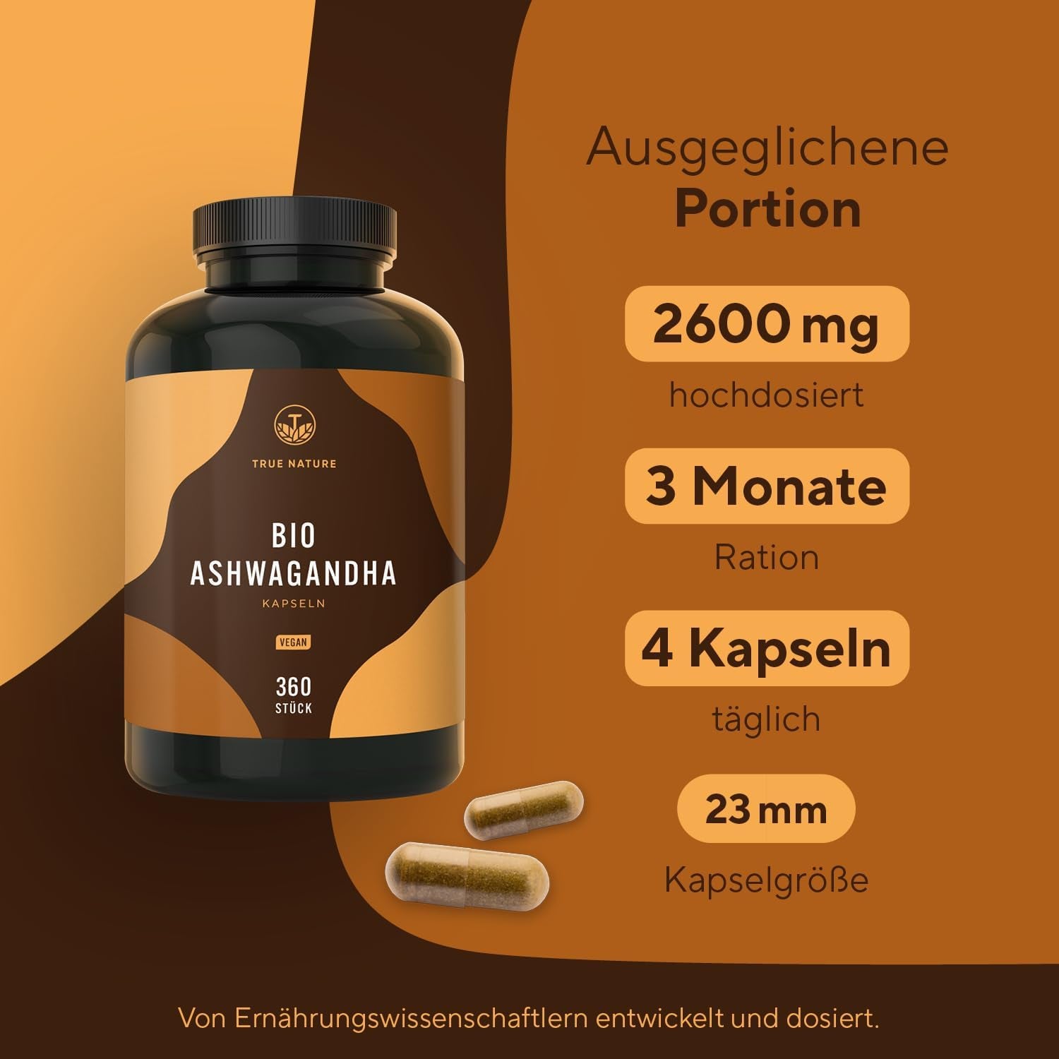 Bio Ashwagandha - 360 Kapseln (BIG PACK) - Hochdosierte 2600Mg Pro Tag (90 Tage) - 650Mg Pro Kapsel - Indische Bio Schlafbeere - Vegan, Deutsche Produktion - TRUE NATURE