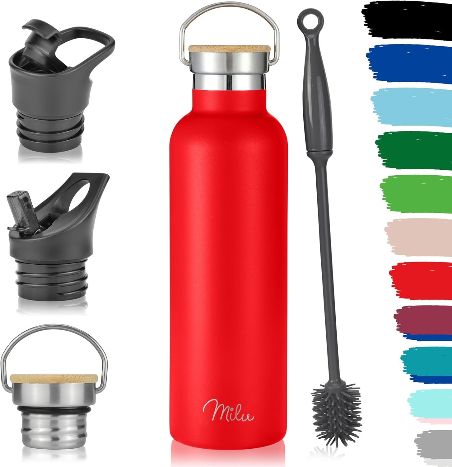 Milu Edelstahl Isoliertrinkflasche 750 ml – Auslaufsicher, Doppelwandig, Mit Strohhalm und 3 Deckeln – Ideal für kohlensäurehaltige Getränke – Stylish in Rot