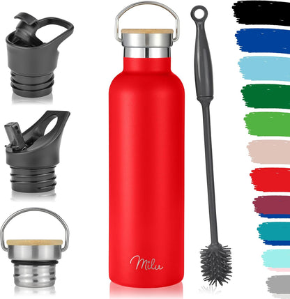 Milu Edelstahl Isoliertrinkflasche 750 ml – Auslaufsicher, Doppelwandig, Mit Strohhalm und 3 Deckeln – Ideal für kohlensäurehaltige Getränke – Stylish in Rot