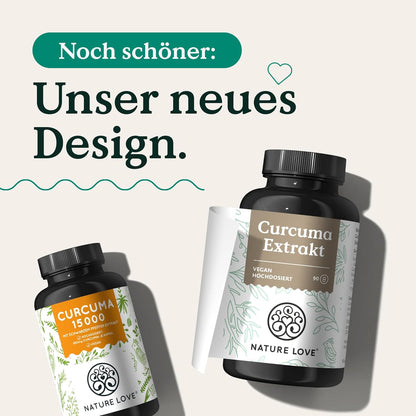 NATURE LOVE® Curcuma Extrakt 15000Mg - 90 Kurkuma Kapseln - Hochdosiert 95% Curcumin Pro Kapsel - Mit Schwarzem Pfeffer - Vegan, Laborgeprüft & in Deutschland Produziert