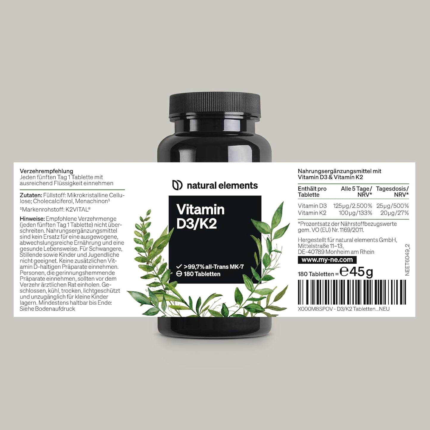 Vitamin D3 + K2 Depot – 180 Tabletten – Premium-Qualität: K2VITAL® Von Kappa – 99,7+% All-Trans K2-MK7 + 5000 IE Vitamin D3 – Hochdosiert, Ohne Zusätze – in Deutschland Produziert & Laborgeprüft