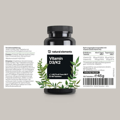 Vitamin D3 + K2 Depot – 180 Tabletten – Premium-Qualität: K2VITAL® Von Kappa – 99,7+% All-Trans K2-MK7 + 5000 IE Vitamin D3 – Hochdosiert, Ohne Zusätze – in Deutschland Produziert & Laborgeprüft