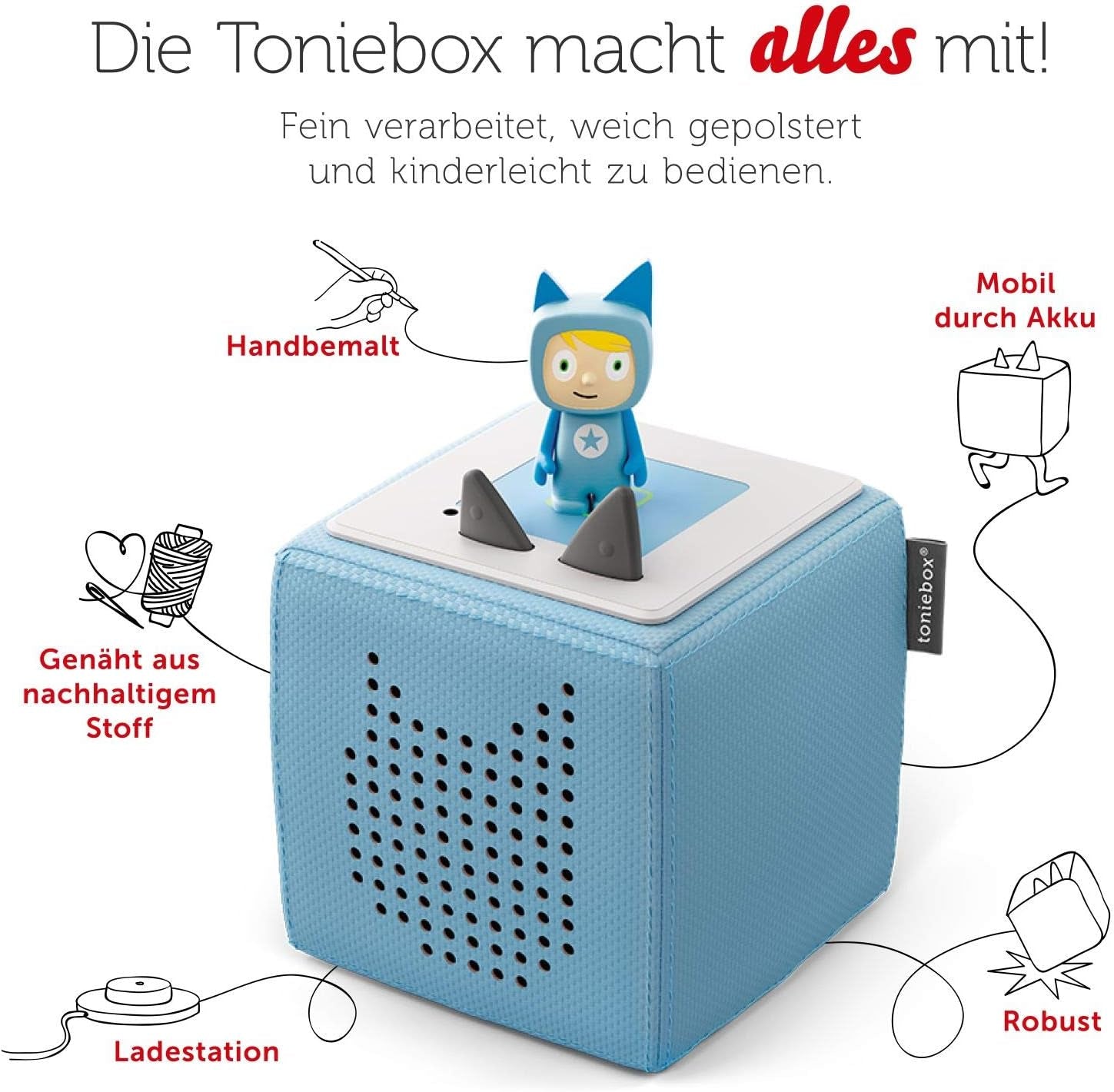 Tonies Toniebox Starter Set - Kabellose Musikbox mit Kreativ Figur für Kinder, 7 Std. Akku, Hellblau - Hörbücher & Lieder zum Entdecken!
