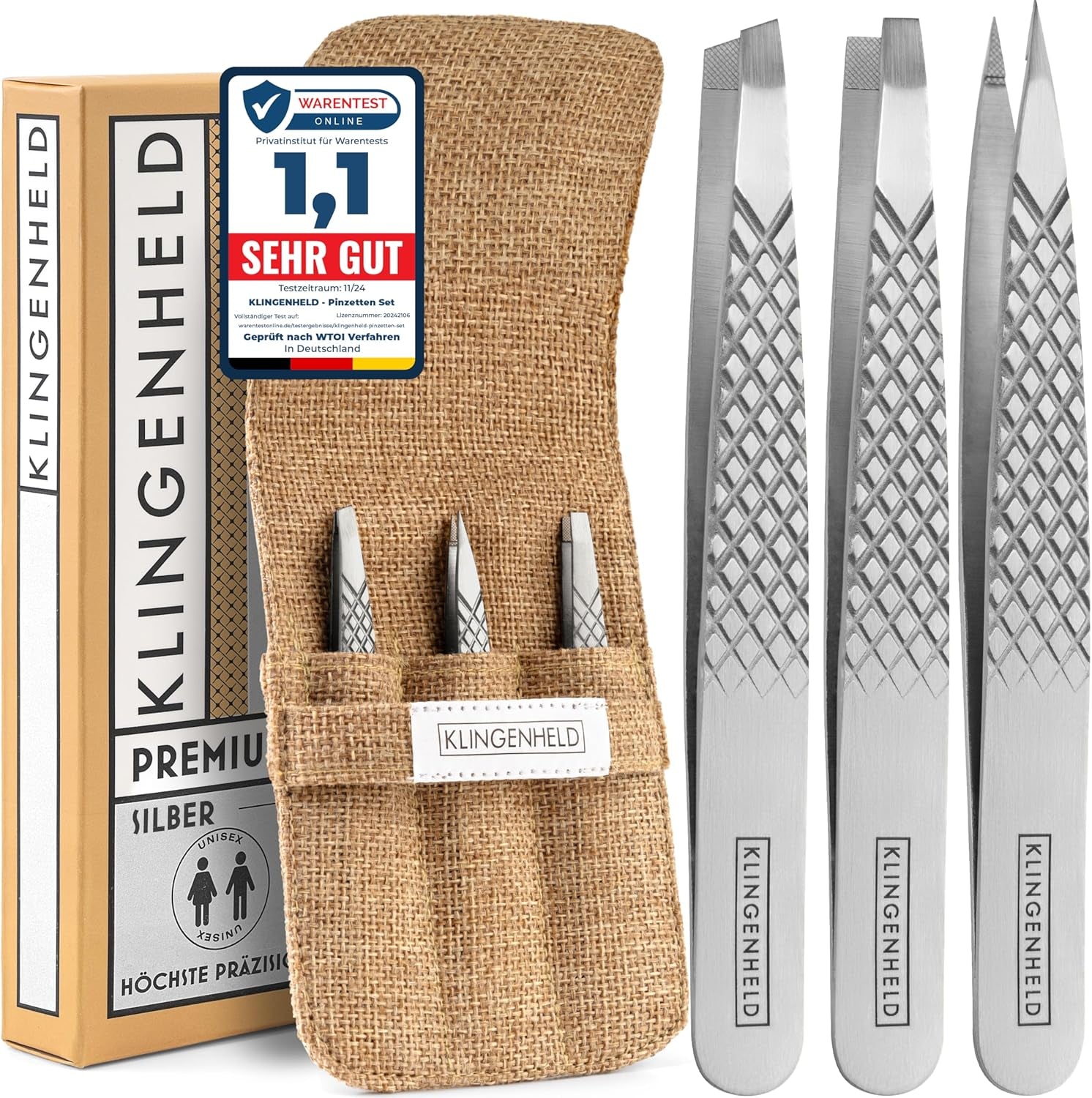 KLINGENHELD® Profi Pinzetten-Set Mit Comfortgrip-Spitzen & Anti-Rutsch Griff - Maximaler Halt & Höchste Präzision - Inkl. Baumwoll-Etui 100% Plastikfrei & Nachhaltig - Pinzette Augenbrauen Zupfen