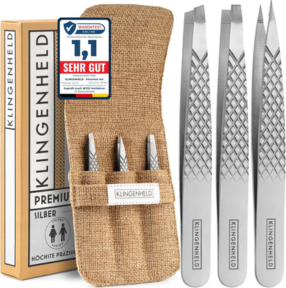 KLINGENHELD® Profi Pinzetten-Set Mit Comfortgrip-Spitzen & Anti-Rutsch Griff - Maximaler Halt & Höchste Präzision - Inkl. Baumwoll-Etui 100% Plastikfrei & Nachhaltig - Pinzette Augenbrauen Zupfen