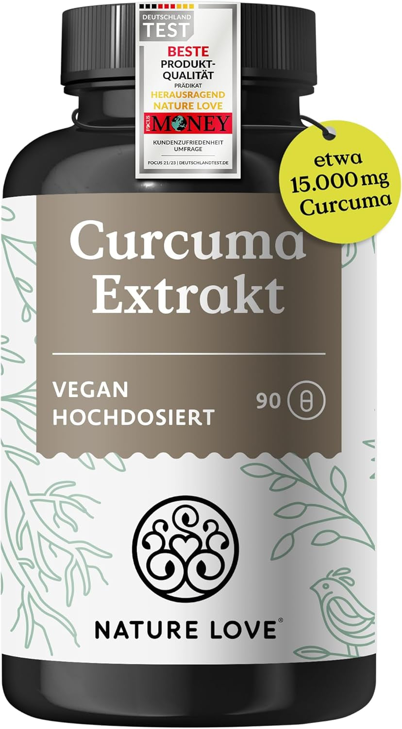 NATURE LOVE® Curcuma Extrakt 15000Mg - 90 Kurkuma Kapseln - Hochdosiert 95% Curcumin Pro Kapsel - Mit Schwarzem Pfeffer - Vegan, Laborgeprüft & in Deutschland Produziert