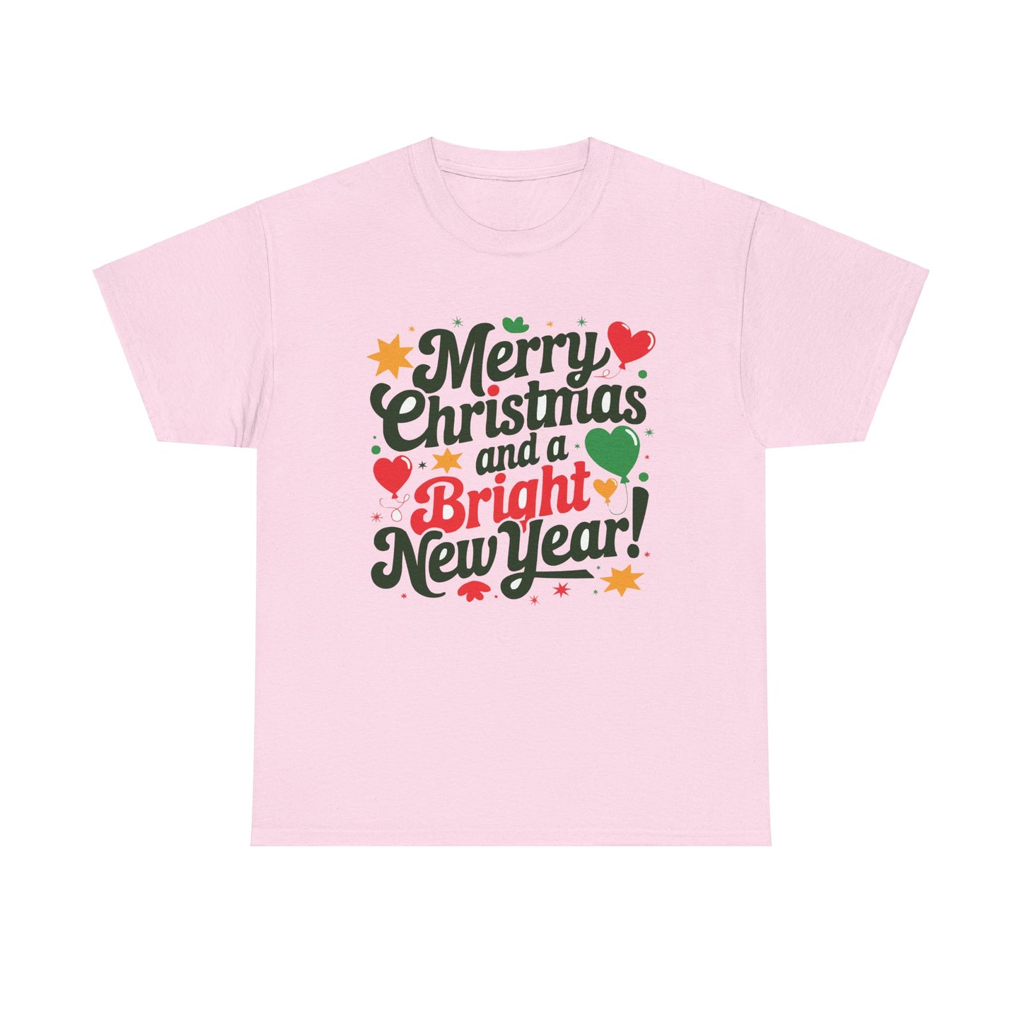 Bright New Year T-Shirt | Christmas Holiday Design | Festive Hearts & Stars | Season's Greetings Tee | Unisex Heavy Cotton Tee