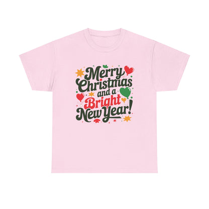 Bright New Year T-Shirt | Christmas Holiday Design | Festive Hearts & Stars | Season's Greetings Tee | Unisex Heavy Cotton Tee