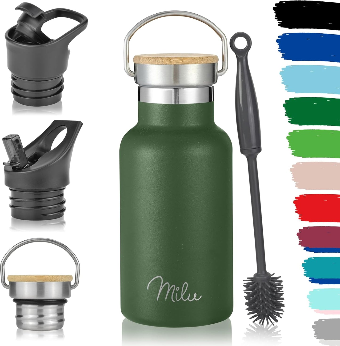 Milu 350ml Edelstahl Trinkflasche - Isolierte, Auslaufsichere Thermosflasche mit Strohhalm, Ideal für Kinder & Erwachsene, Perfekt für Unterwegs - Olivgrün + 3 Deckel!