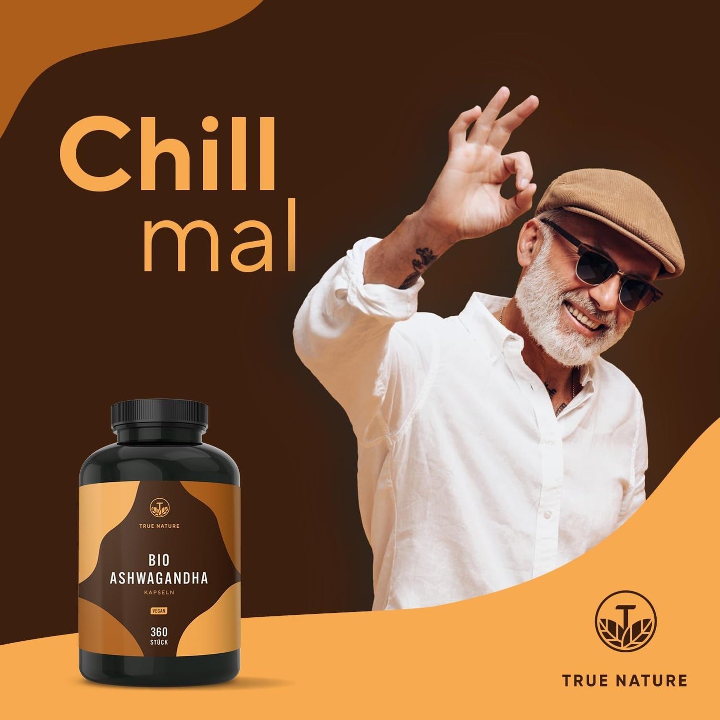 Bio Ashwagandha - 360 Kapseln (BIG PACK) - Hochdosierte 2600Mg Pro Tag (90 Tage) - 650Mg Pro Kapsel - Indische Bio Schlafbeere - Vegan, Deutsche Produktion - TRUE NATURE