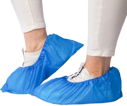 ARNOMED Extra Starke Einweg Schuhüberzieher - 200 Wasserdichte Blaue CPE Überschuhe, Latexfrei für Baustellen und Regenschutz