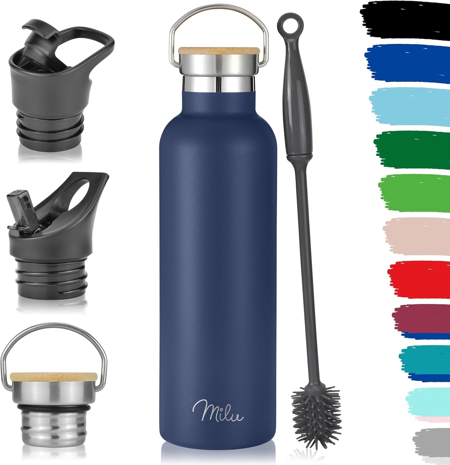 Milu Navyblau Edelstahl Trinkflasche 750Ml mit 3 Deckeln - Isolierte, Auslaufsichere Thermosflasche mit Strohhalm und Doppelwand-Technologie
