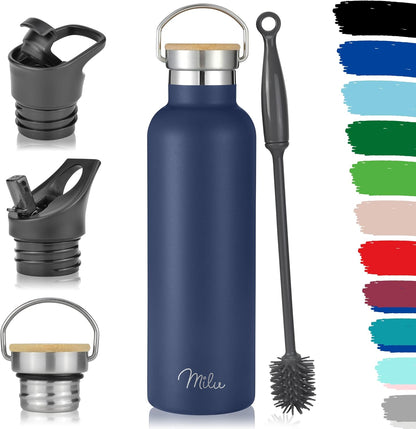 Milu Navyblau Edelstahl Trinkflasche 750Ml mit 3 Deckeln - Isolierte, Auslaufsichere Thermosflasche mit Strohhalm und Doppelwand-Technologie