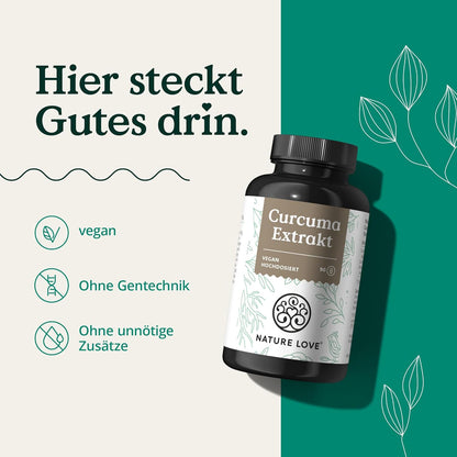 NATURE LOVE® Curcuma Extrakt 15000Mg - 90 Kurkuma Kapseln - Hochdosiert 95% Curcumin Pro Kapsel - Mit Schwarzem Pfeffer - Vegan, Laborgeprüft & in Deutschland Produziert