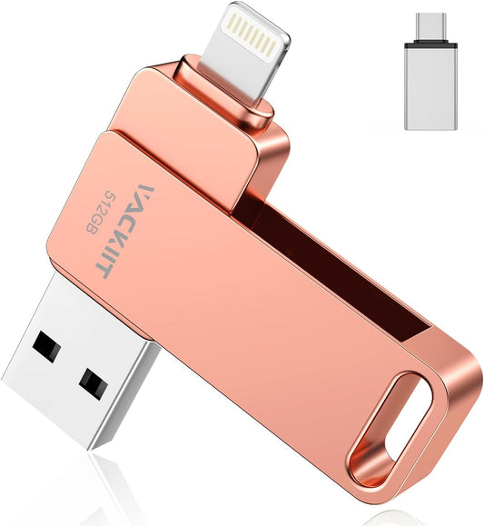 Vackiit 512GB MFI Certified USB Stick for iPhone & iPad - Lightning & USB 3.0 Compatible Photo Storage & Memory Expansion for Android and PC