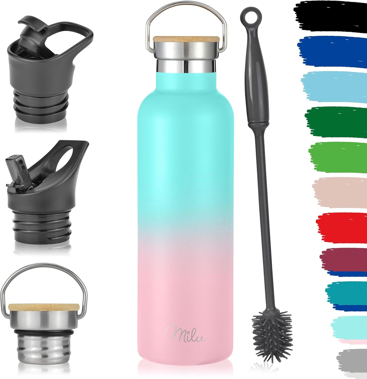Milu Edelstahl Isolierflasche 750ml mit 3 Deckeln - Auslaufsichere Thermosflasche mit Strohhalm in Mint Rosa, Ideal für kohlensäurehaltige Getränke!