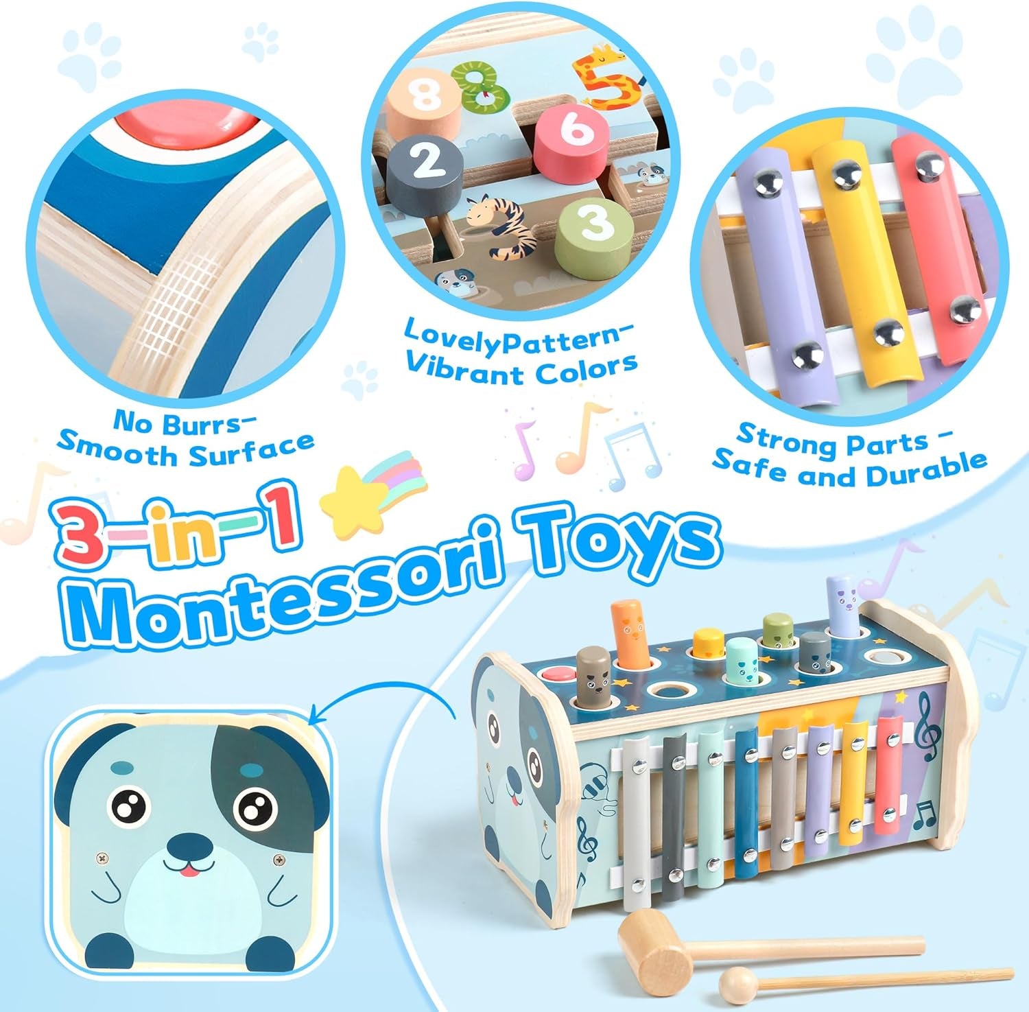 Fajiabao Montessori Motorikspielzeug aus Holz für Kinder ab 1 Jahr - Hammerspiel Xylophon, Ideal als Geschenk für Mädchen und Jungen zu Geburtstagen!
