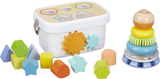 Amazon Basics Klassisches Holzspielzeug-Set mit Formensortierspiel und Regenbogen-Stapelspiel – 16 Teile, Mehrfarbig, Fördert Kreativität und Motorik