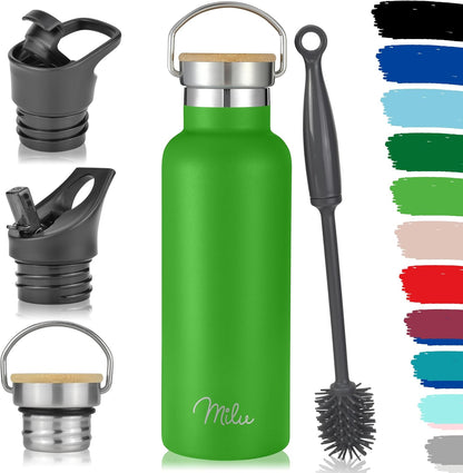 Milu Edelstahl Isolier Trinkflasche 500Ml - Auslaufsichere Thermosflasche mit Strohhalm und 3 Deckeln in Apfelgrün, doppelwandig für optimale Temperaturhaltung