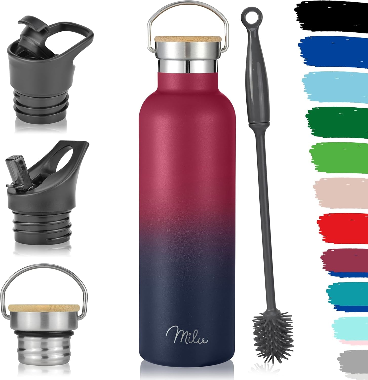 Milu Edelstahl Trinkflasche 750ml - Isolierte, Auslaufsichere Thermosflasche mit Strohhalm, Doppelwandig und Kohlensäure geeignet in Berry Blau (inkl. 3 Deckel)