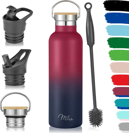Milu Edelstahl Trinkflasche 750ml - Isolierte, Auslaufsichere Thermosflasche mit Strohhalm, Doppelwandig und Kohlensäure geeignet in Berry Blau (inkl. 3 Deckel)