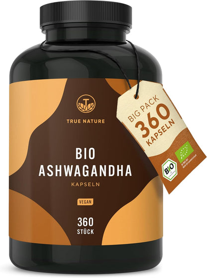 Bio Ashwagandha - 360 Kapseln (BIG PACK) - Hochdosierte 2600Mg Pro Tag (90 Tage) - 650Mg Pro Kapsel - Indische Bio Schlafbeere - Vegan, Deutsche Produktion - TRUE NATURE