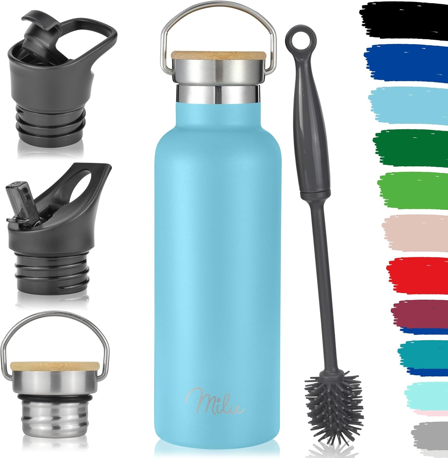 Milu Edelstahl Isolier-Trinkflasche in Himmelblau - 500ml mit 3 Deckeln, Strohhalm & Auslaufschutz - Perfekte Thermosflasche für unterwegs!
