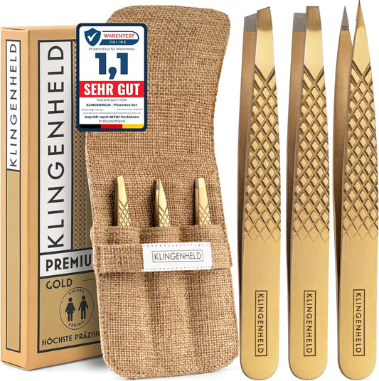 KLINGENHELD® Profi Pinzetten-Set Mit Comfortgrip-Spitzen & Anti-Rutsch Griff - Maximaler Halt & Höchste Präzision - Inkl. Baumwoll-Etui 100% Plastikfrei & Nachhaltig - Pinzette Augenbrauen Zupfen