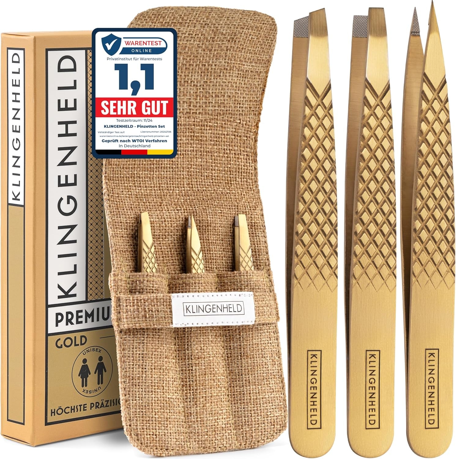 KLINGENHELD® Profi Pinzetten-Set Mit Comfortgrip-Spitzen & Anti-Rutsch Griff - Maximaler Halt & Höchste Präzision - Inkl. Baumwoll-Etui 100% Plastikfrei & Nachhaltig - Pinzette Augenbrauen Zupfen
