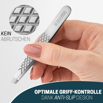 KLINGENHELD® Profi Pinzetten-Set Mit Comfortgrip-Spitzen & Anti-Rutsch Griff - Maximaler Halt & Höchste Präzision - Inkl. Baumwoll-Etui 100% Plastikfrei & Nachhaltig - Pinzette Augenbrauen Zupfen