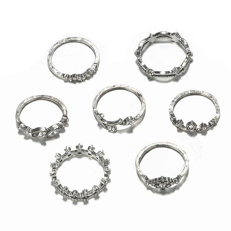 Bohemia Antique Gold Color Elephant Flower Rose Heart Crown Carved Rings Set Vintage Animal Joint Ring Women'S Jewelry