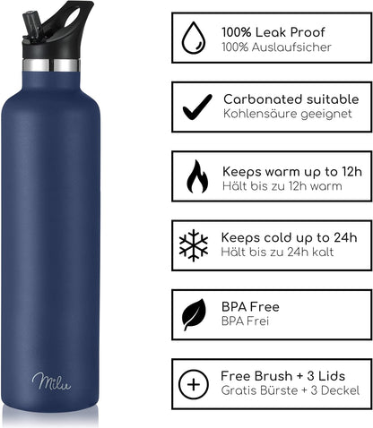 Milu Edelstahl Trinkflasche 750ml - Isolierte, Auslaufsichere Thermosflasche mit Strohhalm, Doppelwandig und Kohlensäure geeignet in Berry Blau (inkl. 3 Deckel)