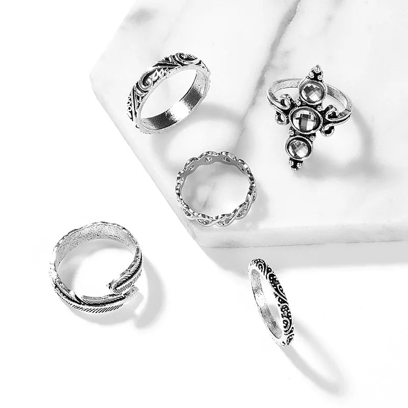 Bohemia Antique Gold Color Elephant Flower Rose Heart Crown Carved Rings Set Vintage Animal Joint Ring Women'S Jewelry