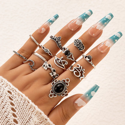 Bohemia Antique Gold Color Elephant Flower Rose Heart Crown Carved Rings Set Vintage Animal Joint Ring Women'S Jewelry
