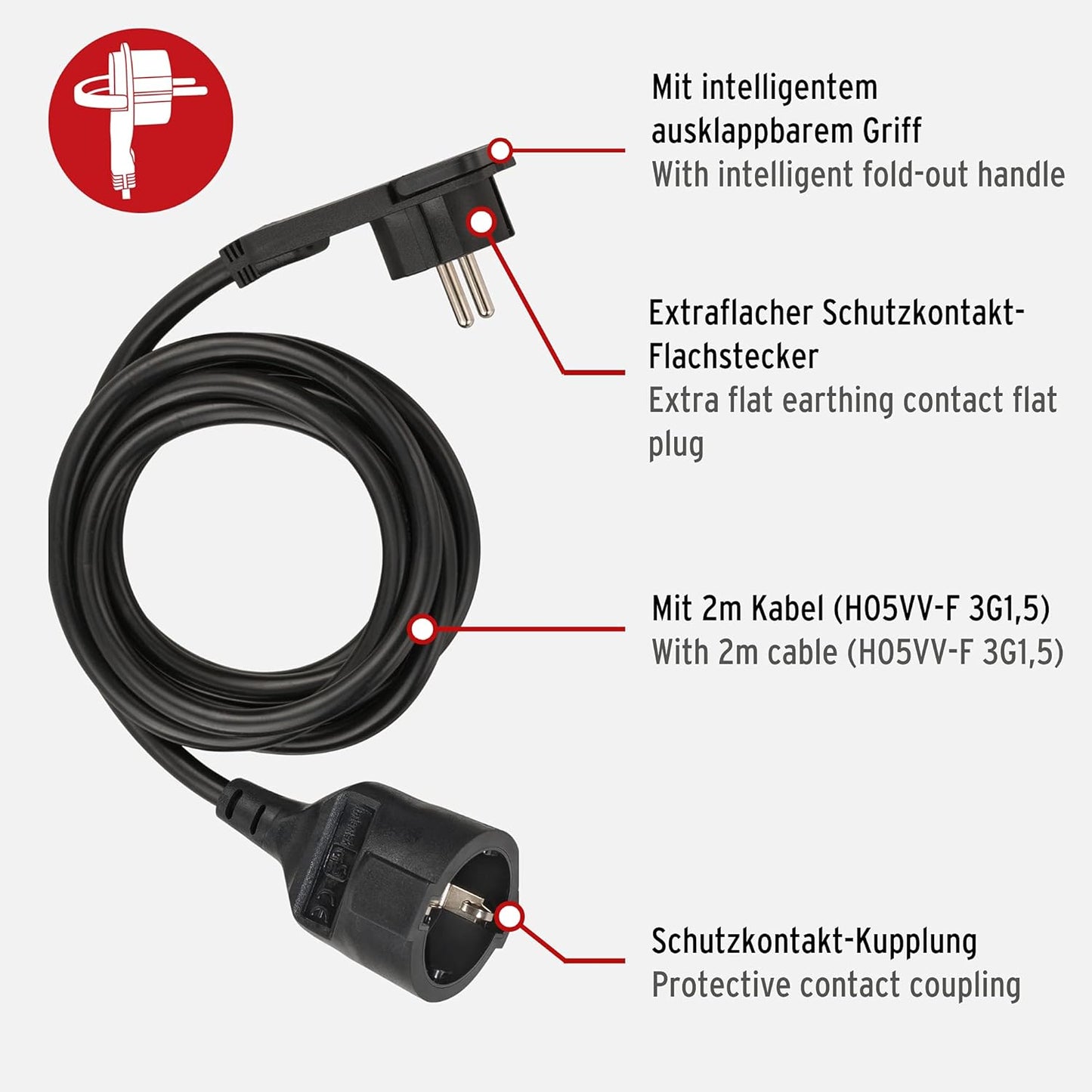 Brennenstuhl Qualitäts-Kunststoff-Verlängerungskabel Mit Flachstecker (Verlängerungskabel Flach Für Innen Mit 2M Kabel) Schwarz