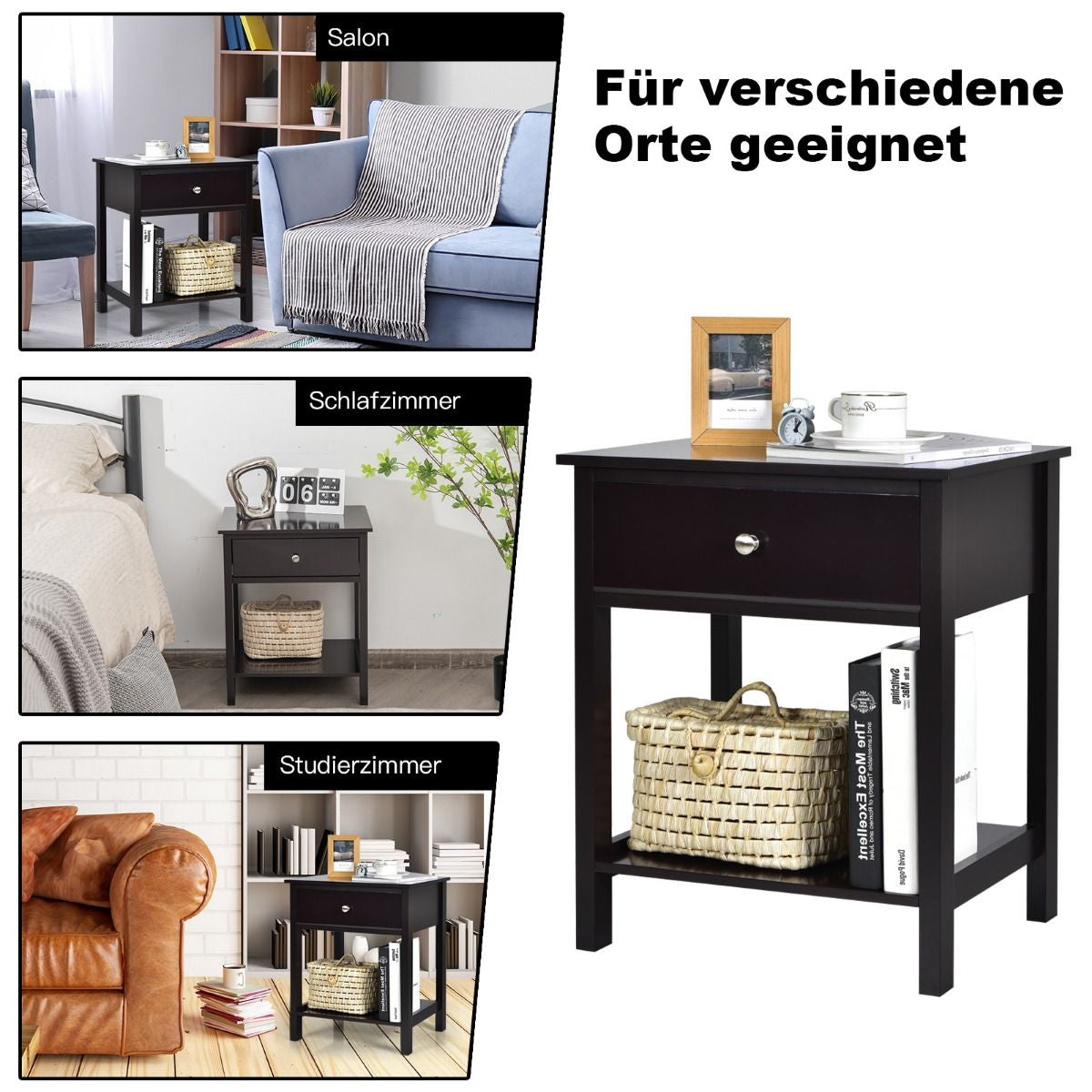 Nachttisch 2-Stufige Nachtkommode Moderner Nachtschrank Mit Schublade Schwarz