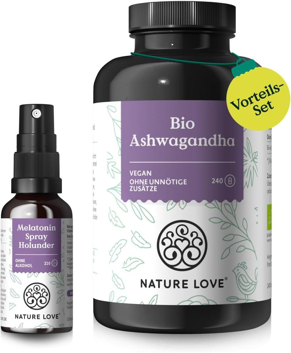 NATURE LOVE® Einfach Loslassen Set Mit Vanessa Mai - 240 Kapseln Bio Ashwagandha Mit Je 1950Mg Je Tagesdosis - Melatoninspray Holunder Mit 0,5Mg Pro Tagesdosis - Hochdosiert